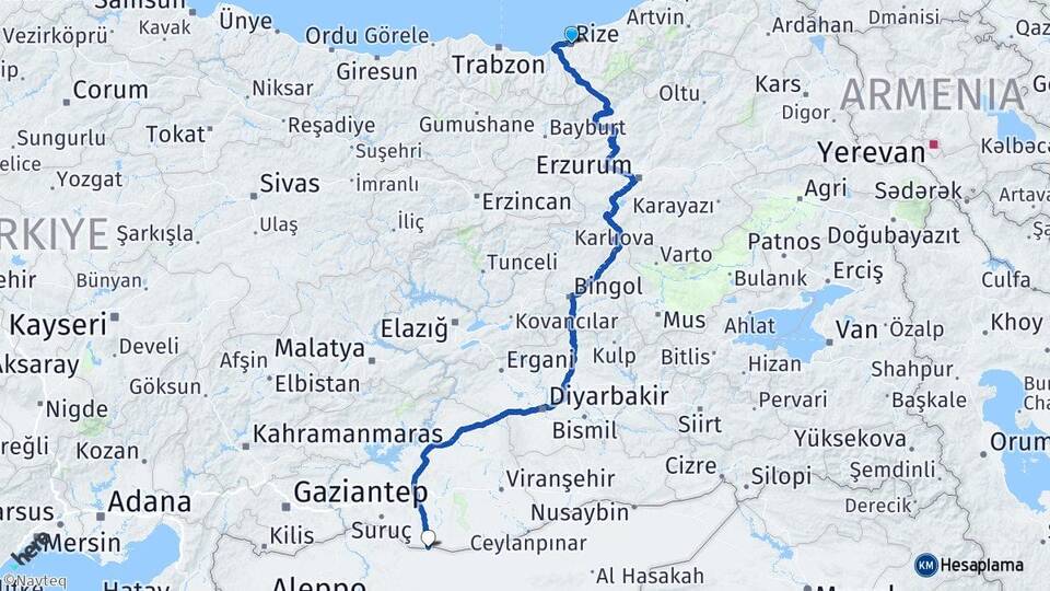 Rize Akçakale Şanlıurfa Arası Kaç Km - Yol Haritası