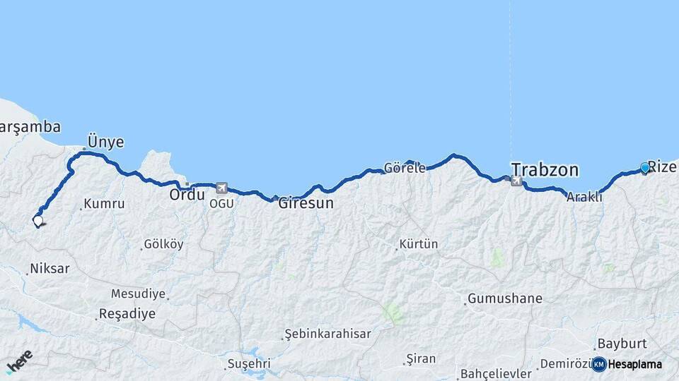 Rize Akkuş Ordu Arası Kaç Km - Yol Haritası