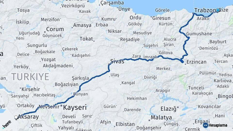 Rize Aksaray Arası Kaç Km - Yol Haritası