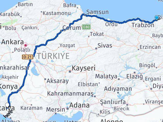 Rize Akseki Antalya Arası Kaç Km - Yol Haritası