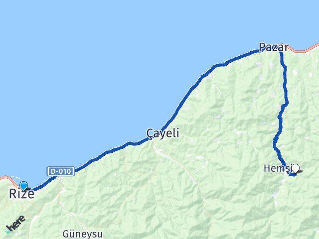 Rize Akyamaç Hemşin Arası Kaç Km - Yol Haritası