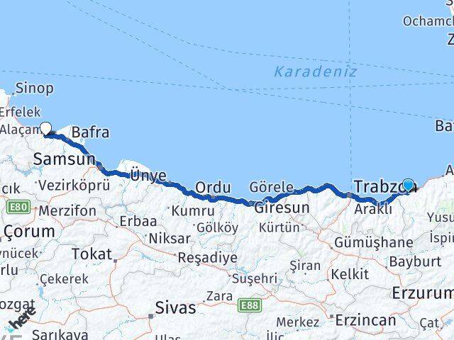 Rize Alaçam Samsun Arası Kaç Km - Yol Haritası