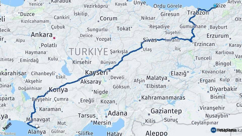 Rize Alanya Antalya Arası Kaç Km - Yol Haritası