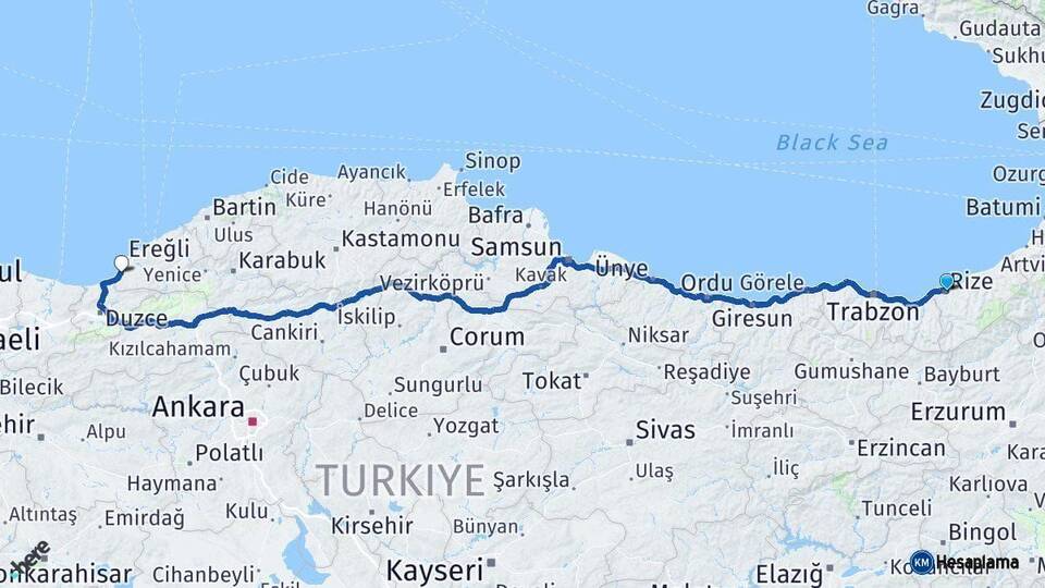 Rize Alaplı Zonguldak Arası Kaç Km - Yol Haritası