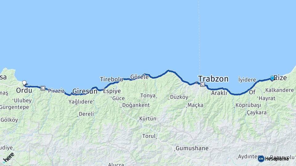 Rize Altınordu Arası Kaç Km - Yol Haritası