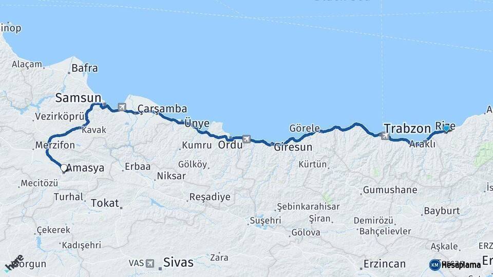 Rize Amasya Arası Kaç Km - Yol Haritası