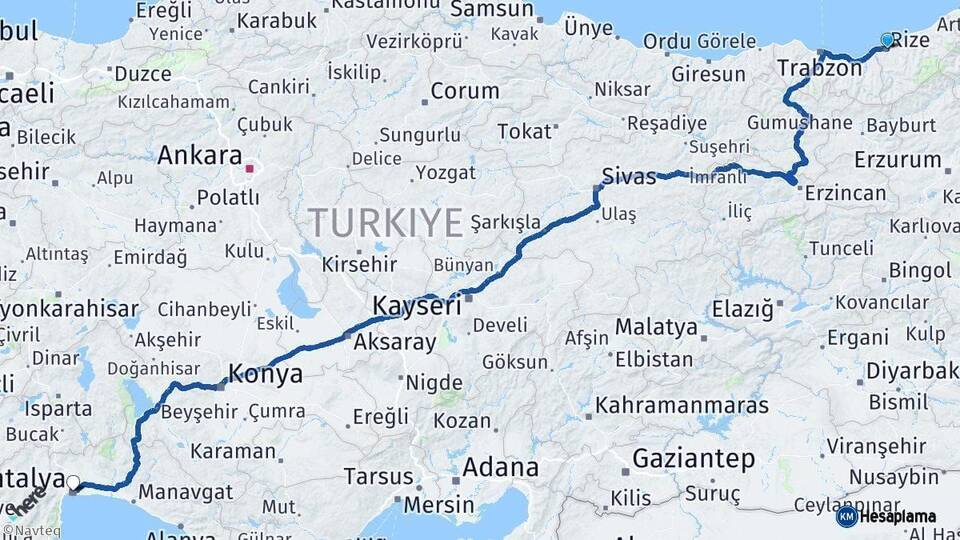 Rize Antalya Arası Kaç Km - Yol Haritası