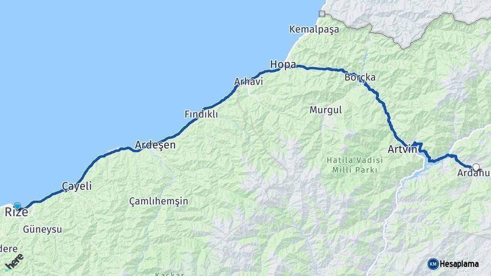 Rize Ardanuç Artvin Arası Kaç Km - Yol Haritası