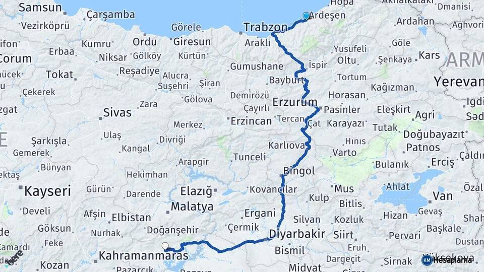 Rize Ardeşen Adıyaman Arası Kaç Km - Yol Haritası