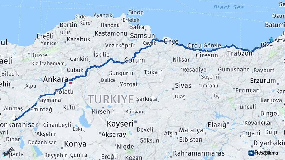 Rize Ardeşen Afyonkarahisar Arası Kaç Km - Yol Haritası
