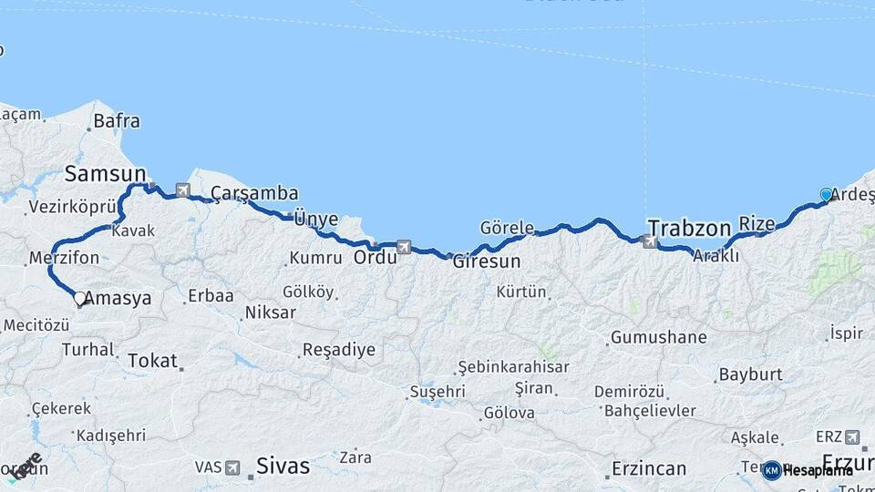 Rize Ardeşen Amasya Arası Kaç Km - Yol Haritası