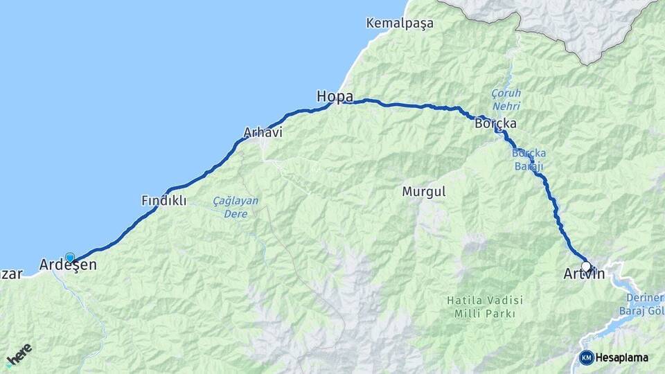 Rize Ardeşen Artvin Arası Kaç Km - Yol Haritası
