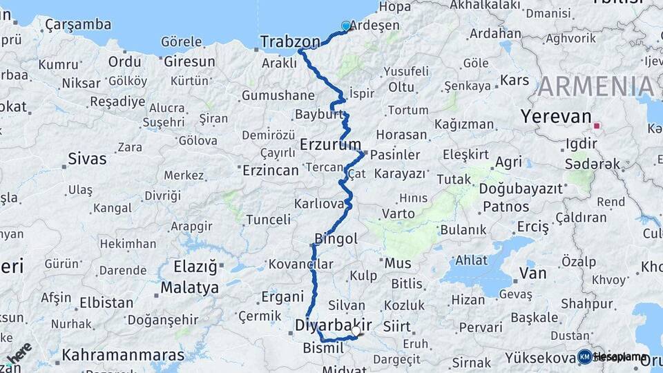 Rize Ardeşen Batman Arası Kaç Km - Yol Haritası