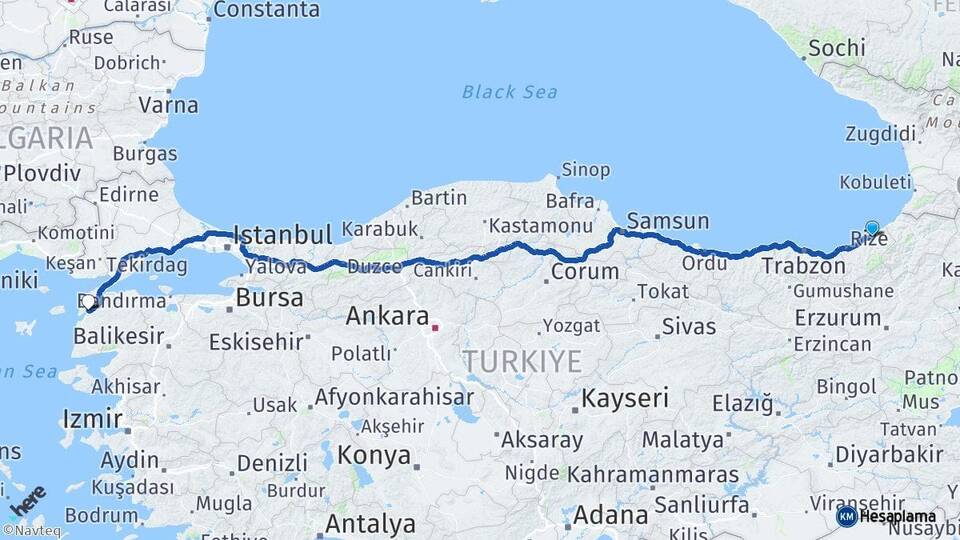 Rize Ardeşen Çanakkale Arası Kaç Km - Yol Haritası