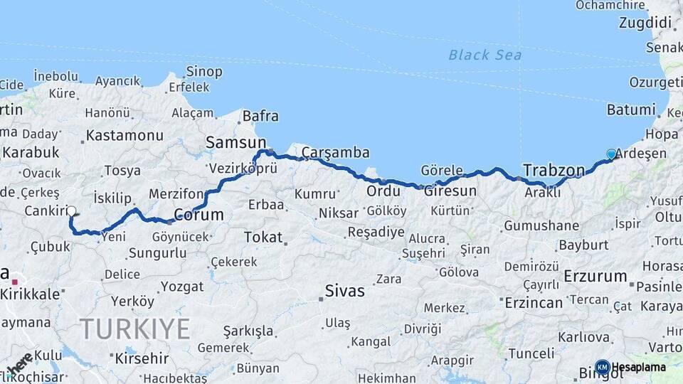 Rize Ardeşen Çankırı Arası Kaç Km - Yol Haritası
