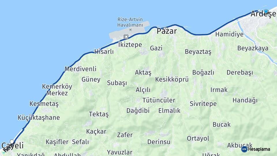 Rize Ardeşen Çayeli Arası Kaç Km - Yol Haritası