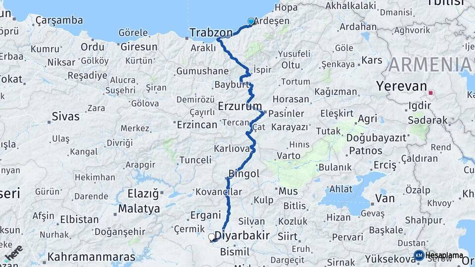 Rize Ardeşen Diyarbakır Arası Kaç Km - Yol Haritası