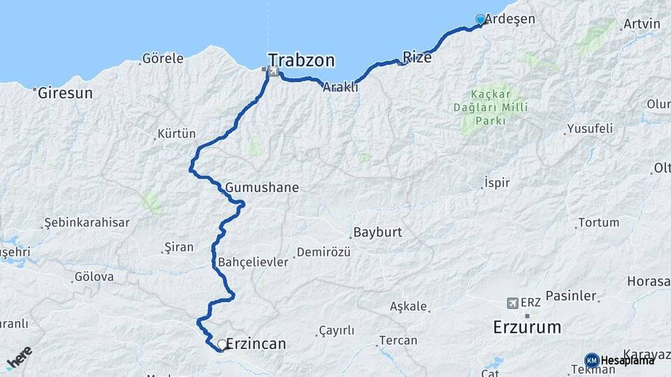 Rize Ardeşen Erzincan Arası Kaç Km - Yol Haritası