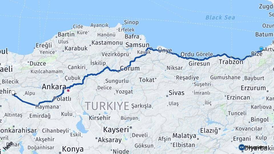 Rize Ardeşen Eskişehir Arası Kaç Km - Yol Haritası