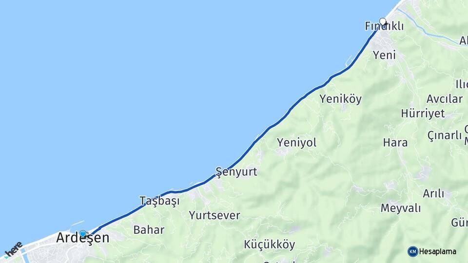 Rize Ardeşen Fındıklı Arası Kaç Km - Yol Haritası