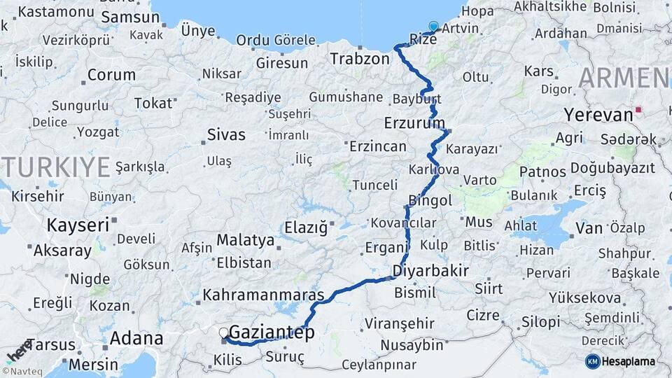 Rize Ardeşen Gaziantep Arası Kaç Km - Yol Haritası