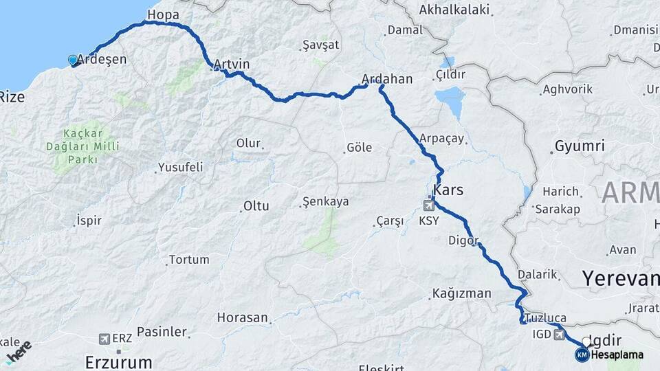 Rize Ardeşen Iğdır Arası Kaç Km - Yol Haritası