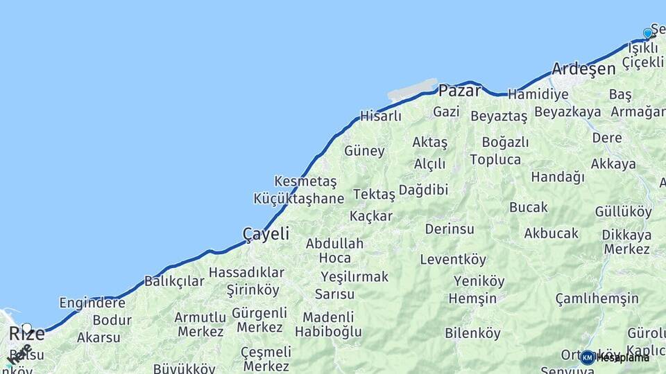 Rize Ardeşen Işıklı Arası Kaç Km - Yol Haritası