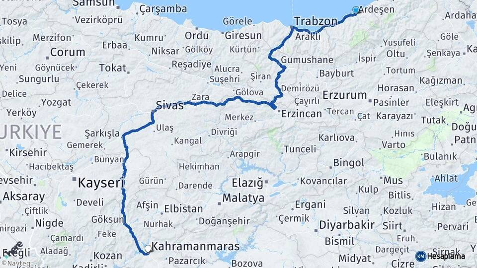 Rize Ardeşen Kahramanmaraş Arası Kaç Km - Yol Haritası