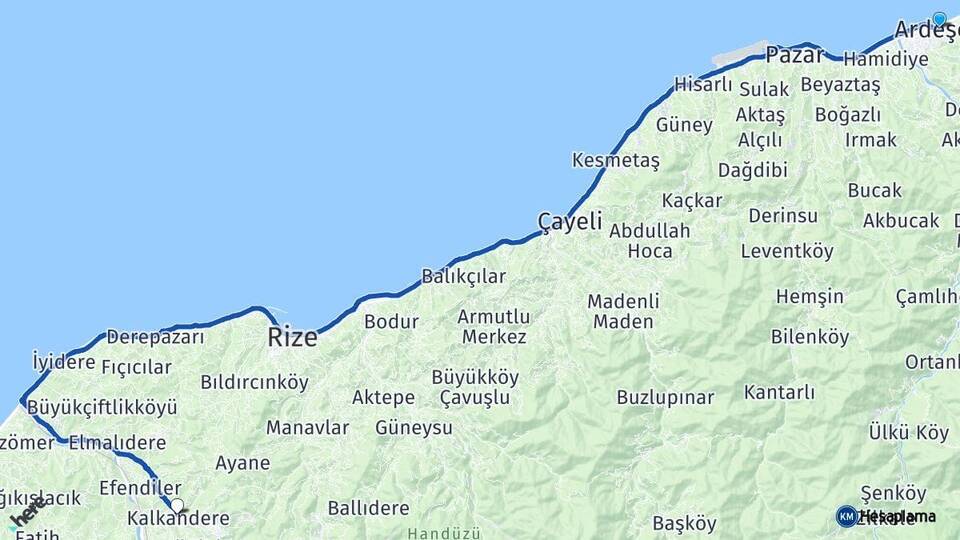 Rize Ardeşen Kalkandere Arası Kaç Km - Yol Haritası