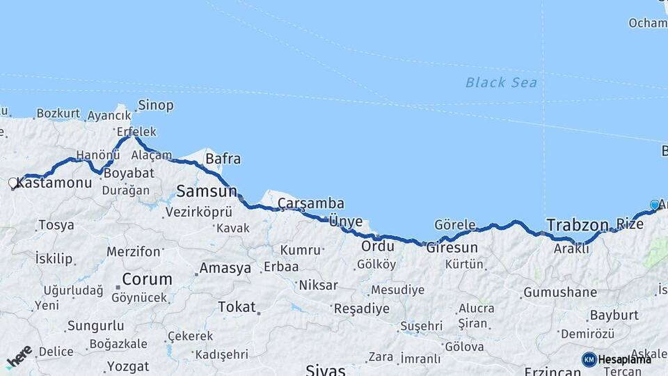 Rize Ardeşen Kastamonu Arası Kaç Km - Yol Haritası