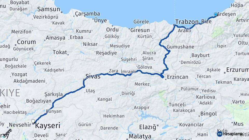Rize Ardeşen Kayseri Arası Kaç Km - Yol Haritası