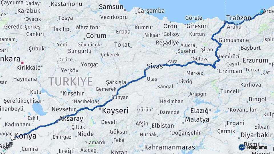 Rize Ardeşen Konya Arası Kaç Km - Yol Haritası