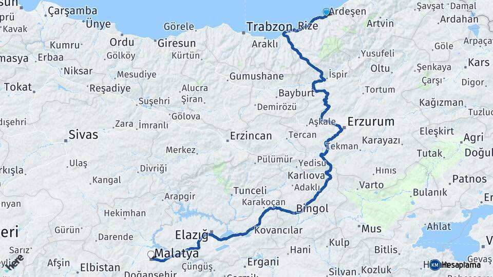 Rize Ardeşen Malatya Arası Kaç Km - Yol Haritası