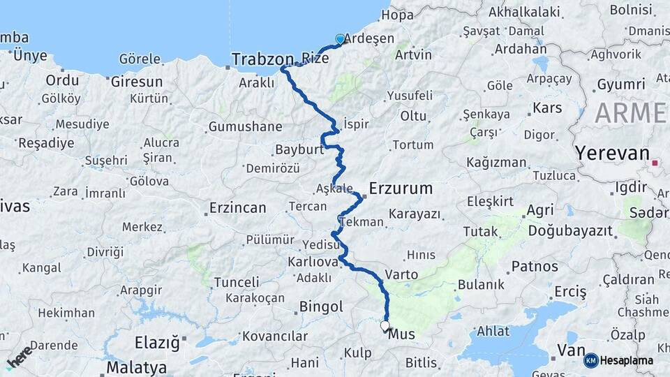 Rize Ardeşen Muş Arası Kaç Km - Yol Haritası