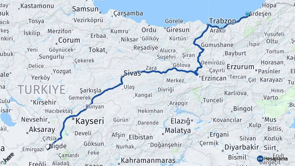 Rize Ardeşen Niğde Arası Kaç Km - Yol Haritası