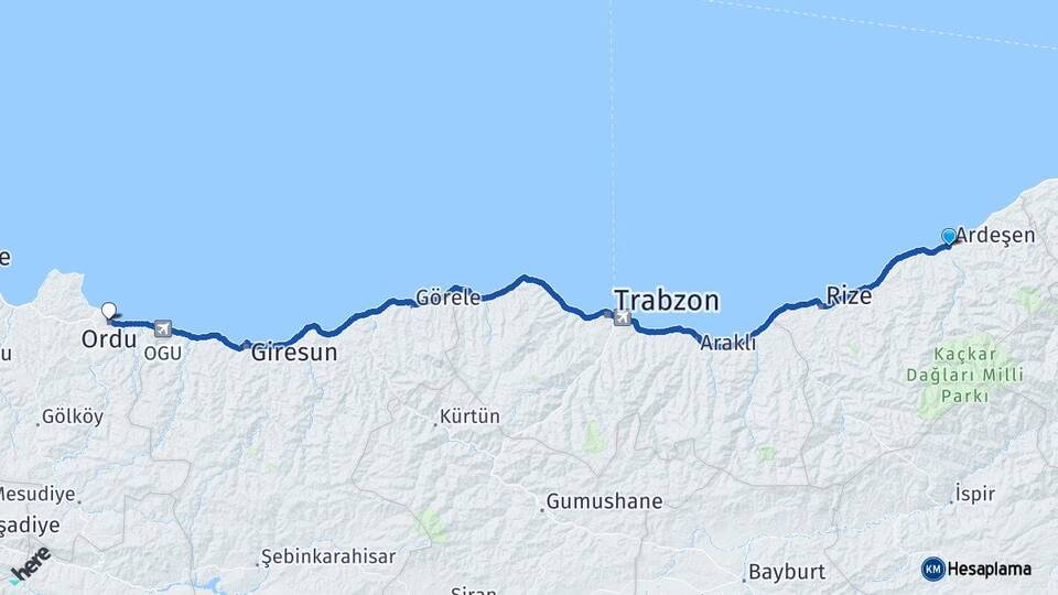 Rize Ardeşen Ordu Arası Kaç Km - Yol Haritası