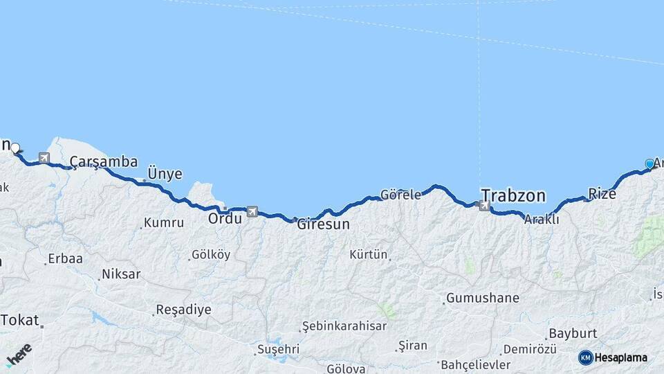 Rize Ardeşen Samsun Arası Kaç Km - Yol Haritası