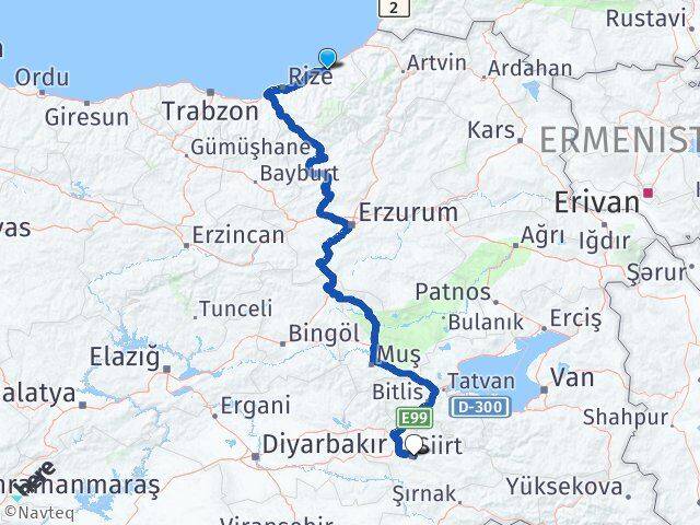 Rize Ardeşen Siirt Arası Kaç Km - Yol Haritası