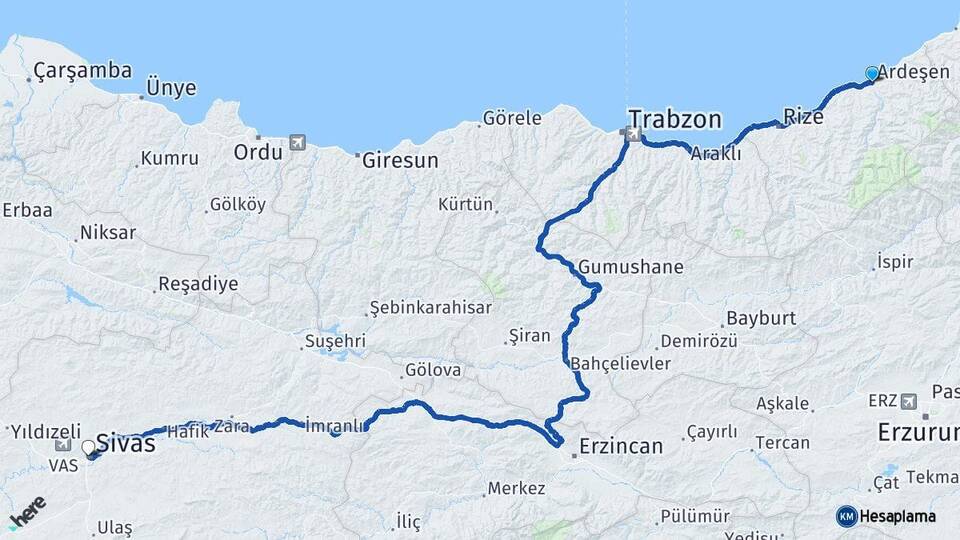 Rize Ardeşen Sivas Arası Kaç Km - Yol Haritası