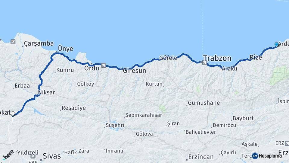Rize Ardeşen Tokat Arası Kaç Km - Yol Haritası