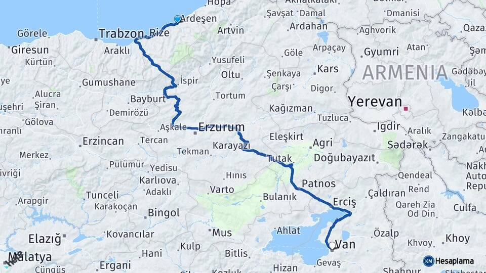 Rize Ardeşen Van Arası Kaç Km - Yol Haritası