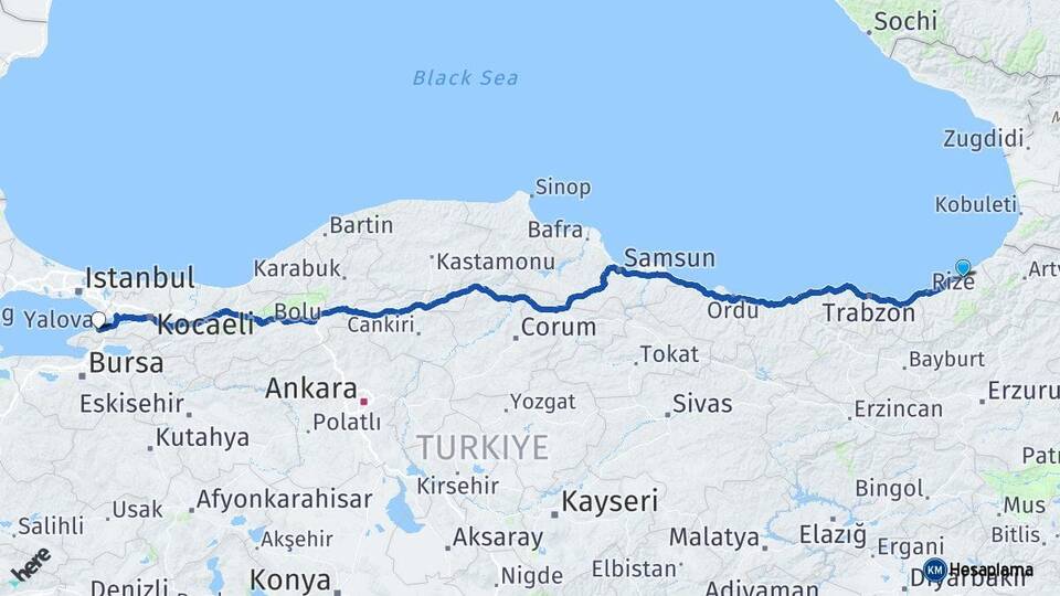 Rize Ardeşen Yalova Arası Kaç Km - Yol Haritası