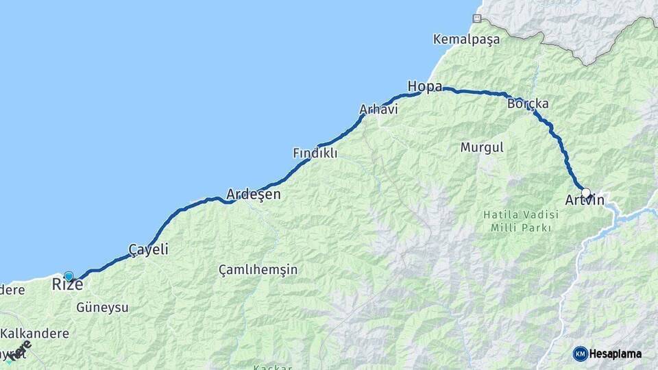 Rize Artvin Arası Kaç Km - Yol Haritası