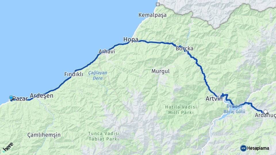 Rize-Artvin Havalimanı Ardanuç Artvin Arası Kaç Km - Yol Haritası