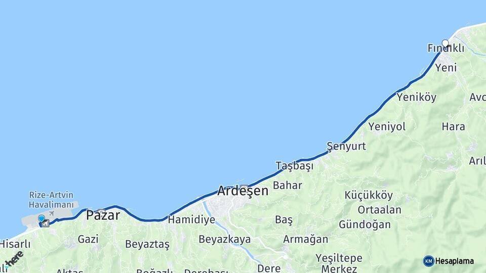 Rize-Artvin Havalimanı Fındıklı Arası Kaç Km - Yol Tarifi