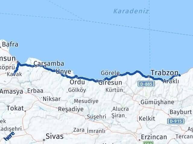Rize Asarcık Samsun Arası Kaç Km - Yol Haritası