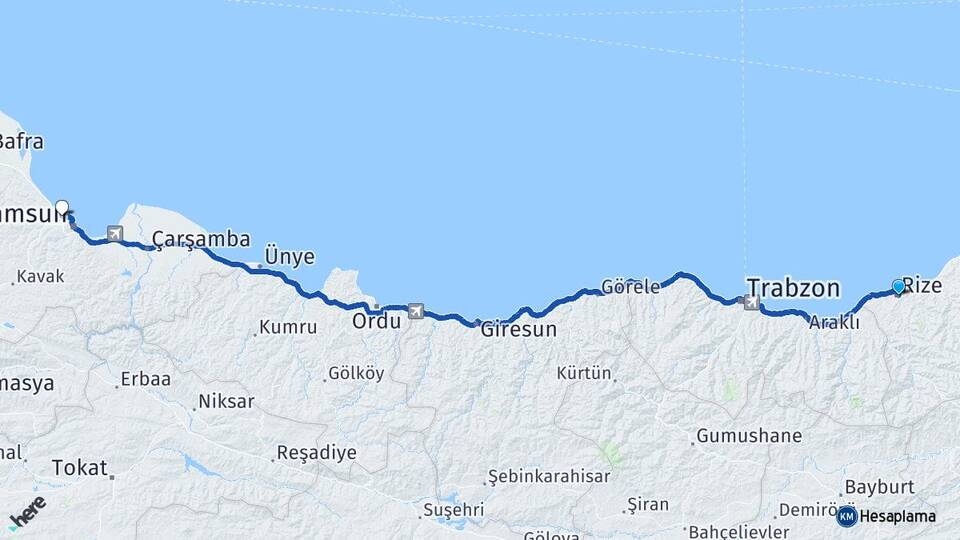 Rize Atakum Samsun Arası Kaç Km - Yol Haritası