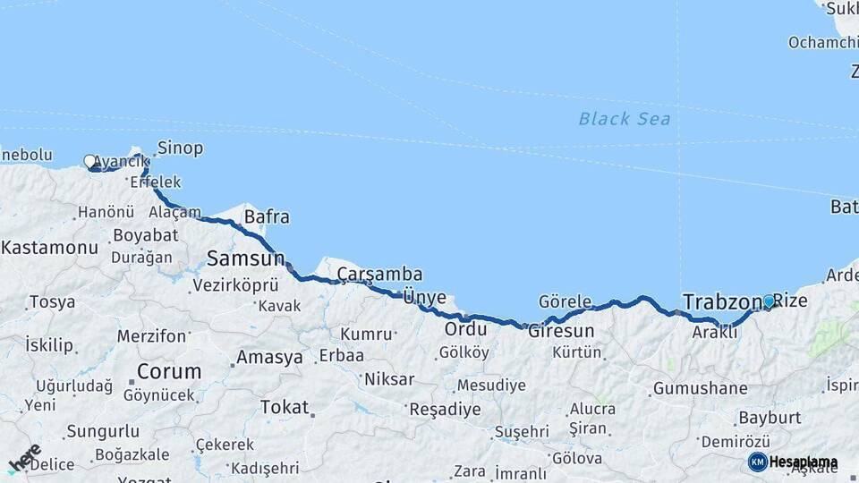 Rize Ayancık Sinop Arası Kaç Km - Yol Haritası