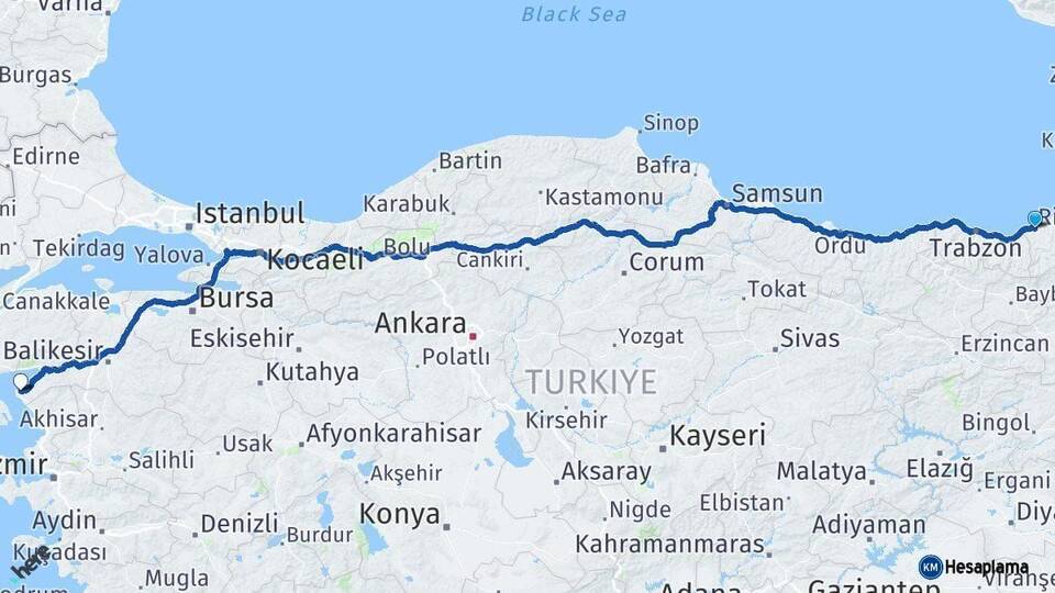 Rize Ayvalık Balıkesir Arası Kaç Km - Yol Haritası