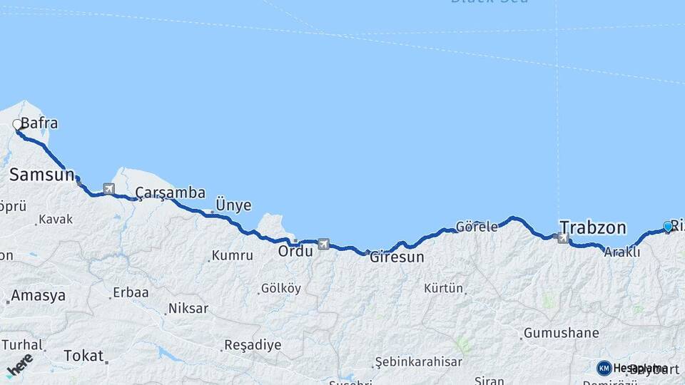 Rize Bafra Samsun Arası Kaç Km - Yol Haritası